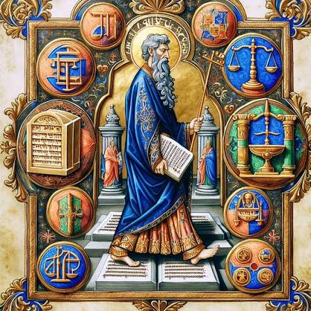 An illuminated manuscript page depicting the Prophet Ezekiel surrounded by symbolic medallions
